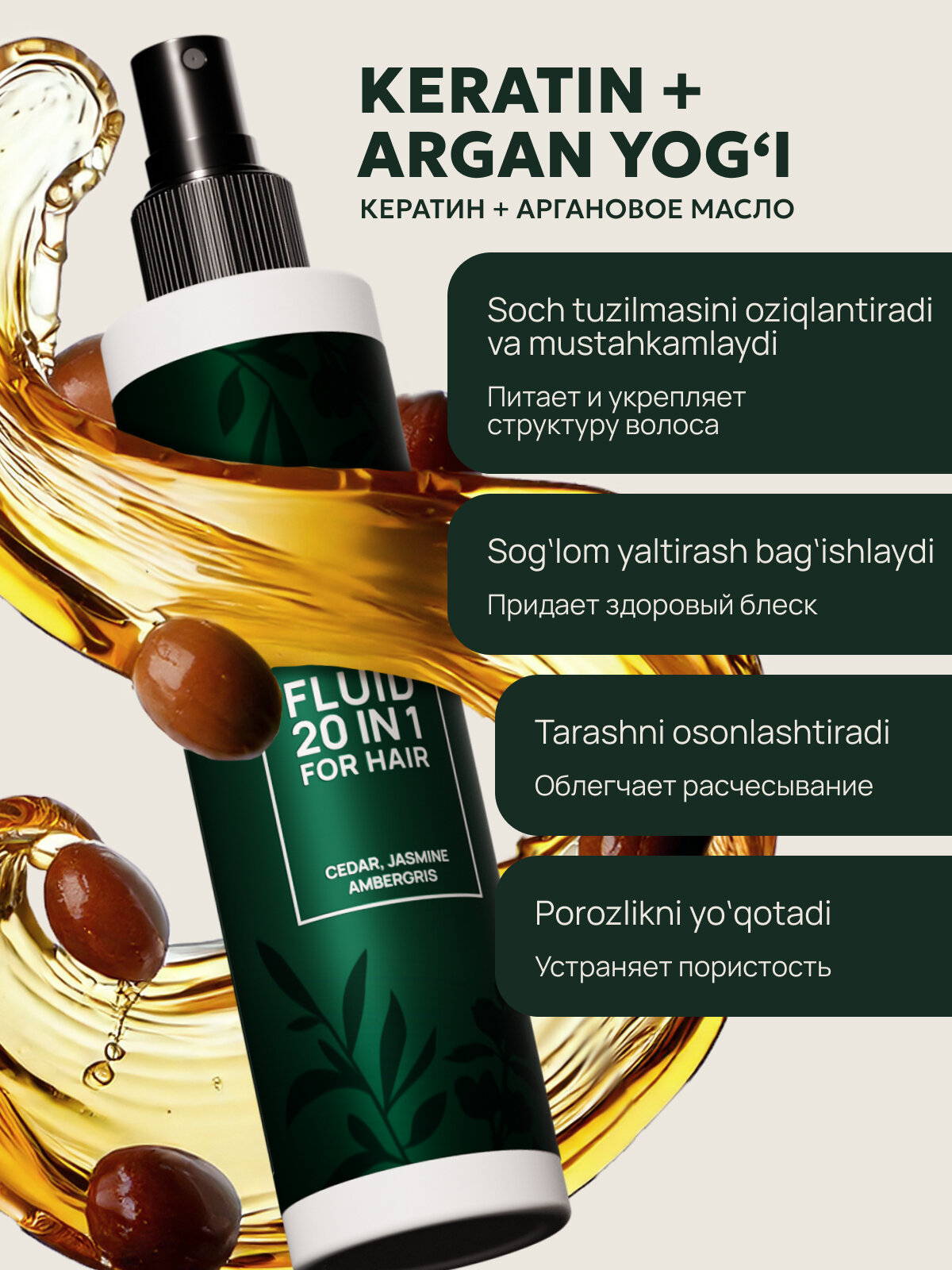 Флюид спрей для волос SEMILY, термозащита, 20 в 1, 200 мл - Зеленый — фото 1