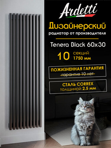 Изображение товара Вертикальный радиатор отопления 60х30 с высотой 1750 мм, 10 секцийс нижним центральным подключением, черный