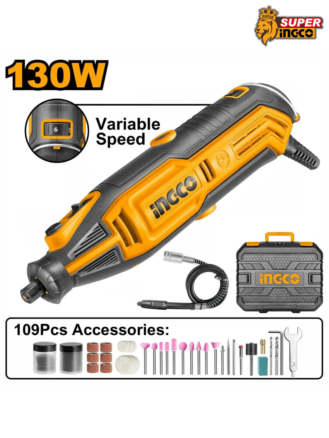 Гравер INGCO MG13328, мощность 130Вт, 10000-35000об/мин, в комплекте 109шт