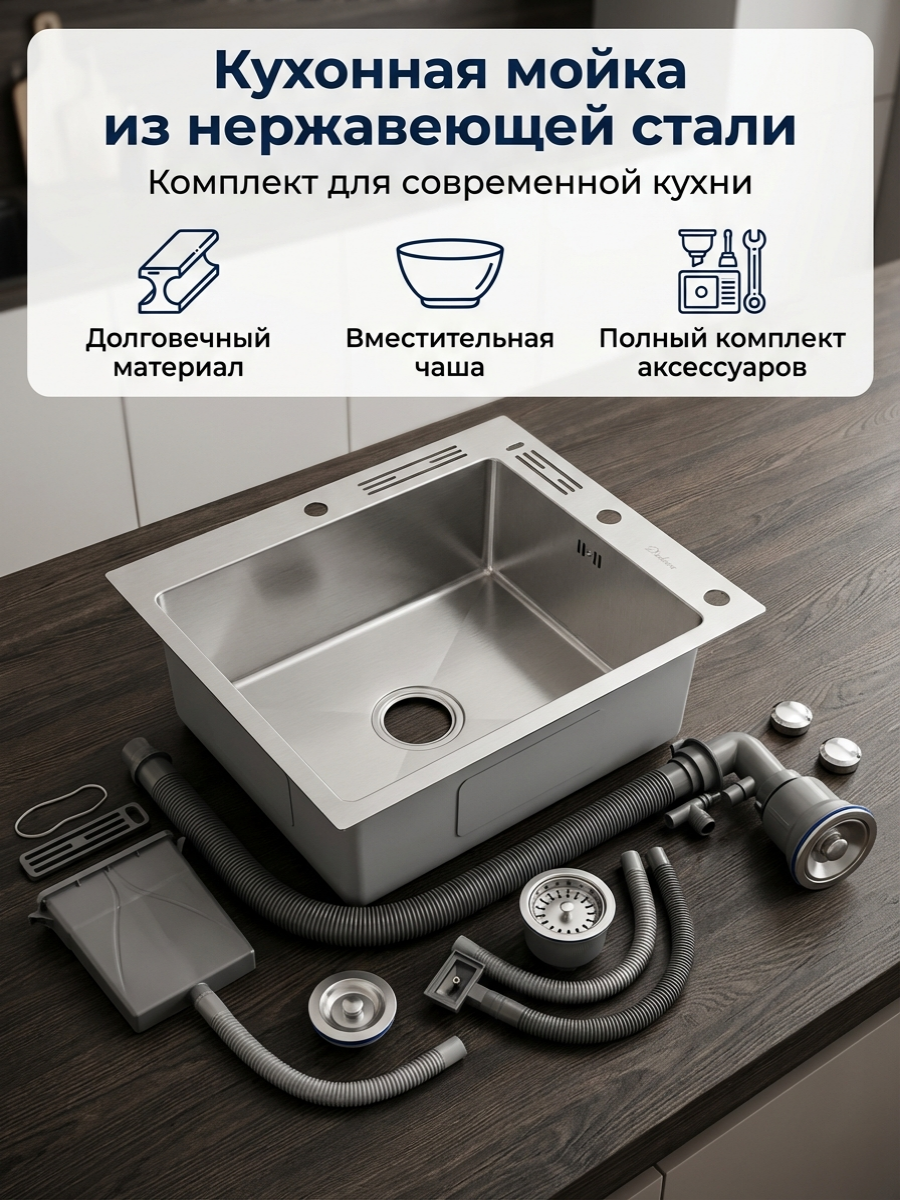 Кухонная мойка Diadonna, нержавеющая сталь, сатиновый цвет, серая, прямоугольная — фото 1