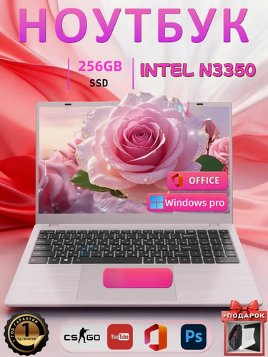 Изображение товара Ноутбук 14 Дюймов", intel celeron N3350, RAM 8ГБ, SSD256 ГБ, Intel UHD Graphics, Windows Pro, Русская раскладка розовый