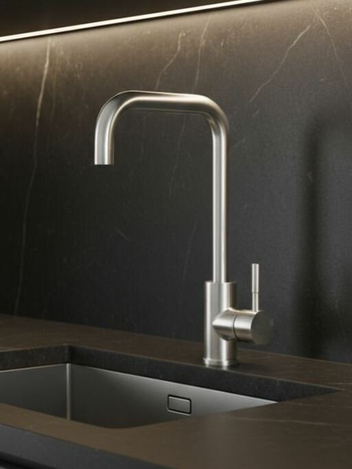 ESKO. Смеситель для кухни, высокий поворотный излив, нержавеющая сталь, гарантия 10 лет