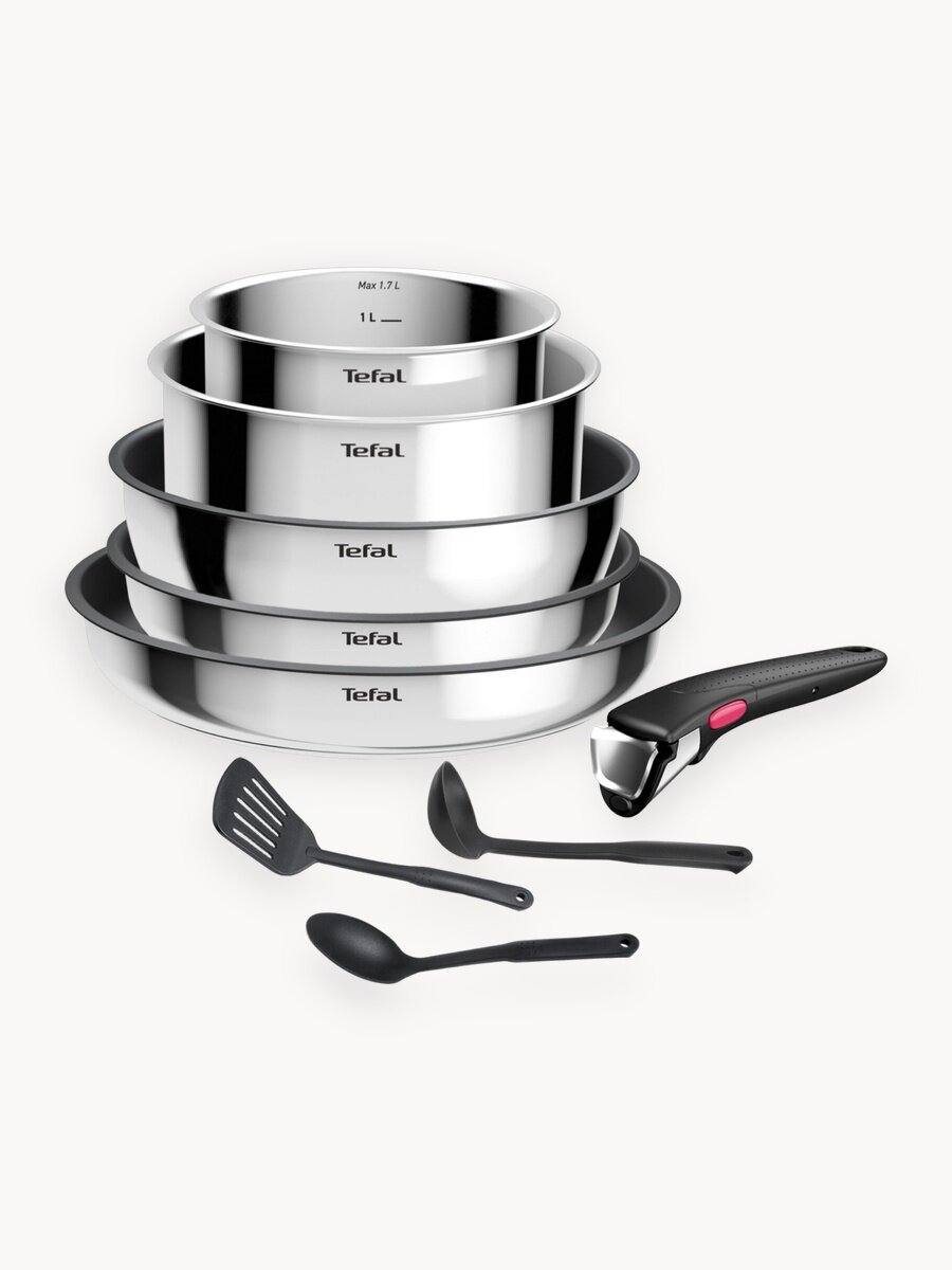 Набор посуды для приготовления 9 предметов Tefal Ingenio Cook Eat: ковши 16/20 см, сотейник 24 см, сковорода 24/28 см, съемная ручка, аксессуары, с антипригарном покрытием, для индукционных плит