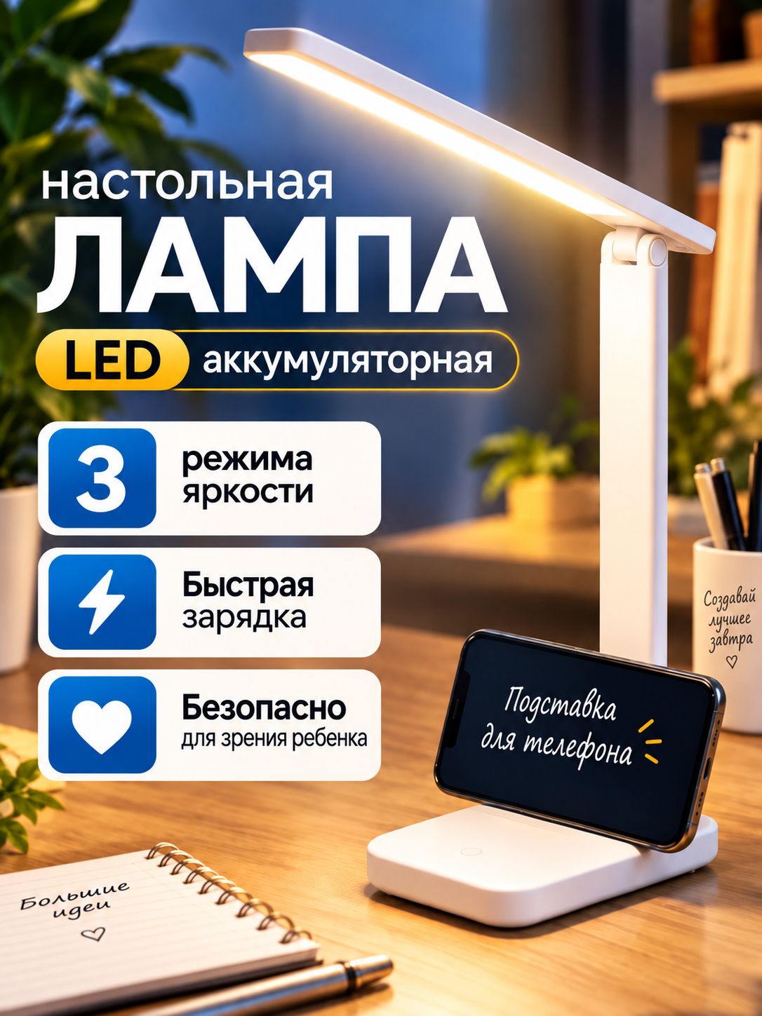Лампа настольная для школьника светодиодная, светильник настольный беспроводной сенсорный