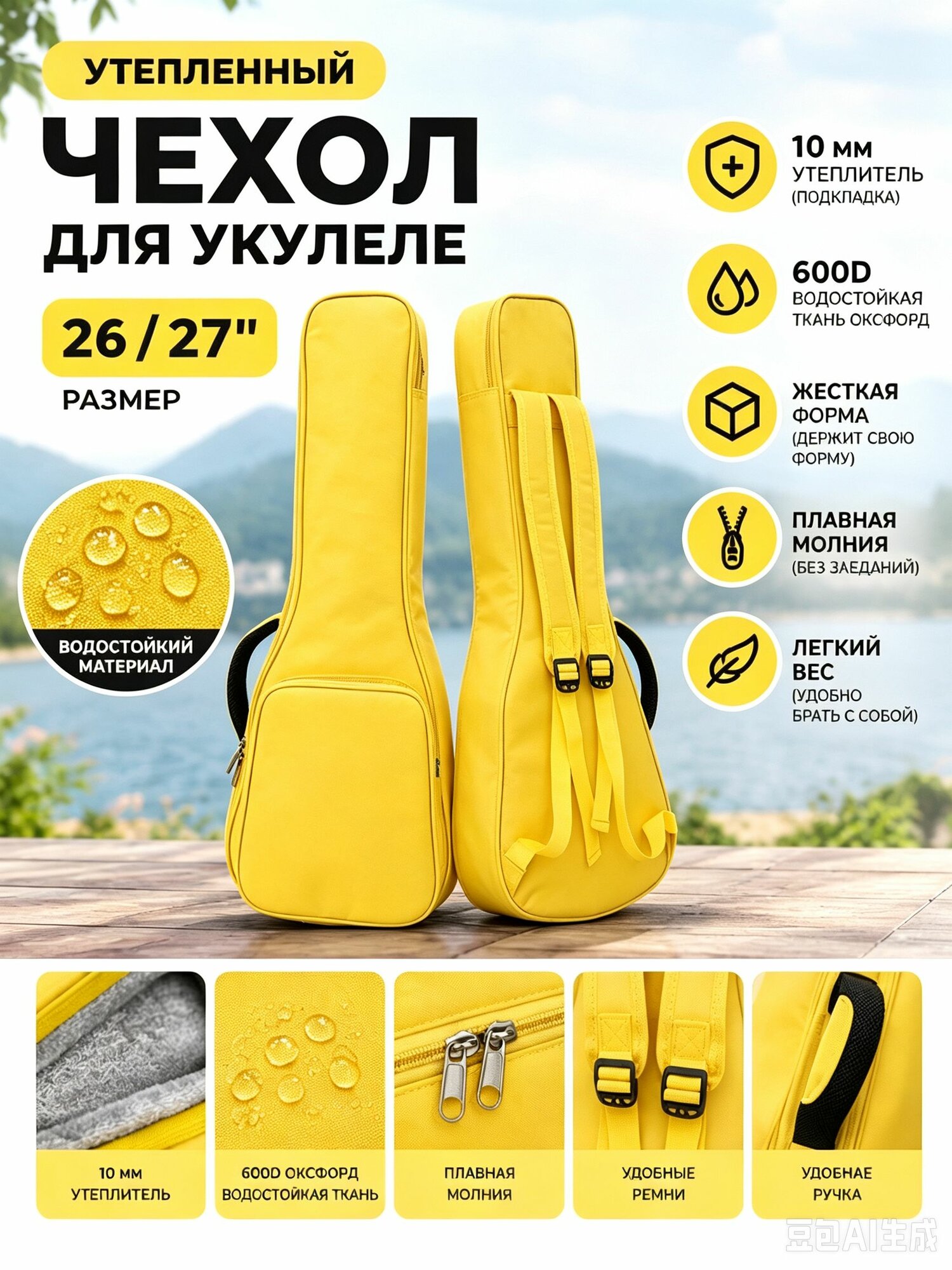 Чехол утепленный для укулеле 26-27 дюйма (концерт), водонепроницаемый оксфорд с уплотнителем 10 мм