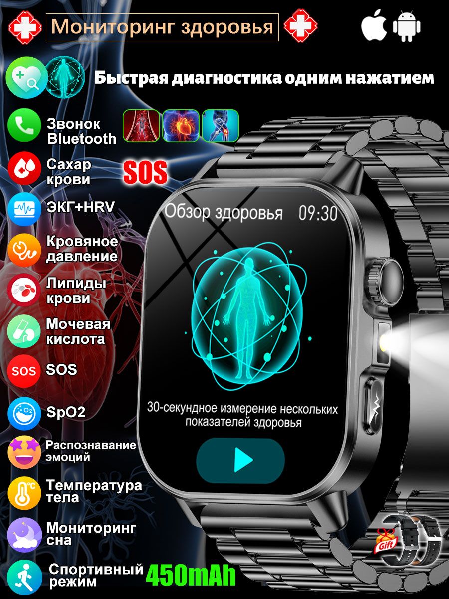 Cмарт часы мужские и женские с ЭКГ, HRV, Измерение артериального давления, электродермография, контроль здоровья, трекер активности для Android и iOS