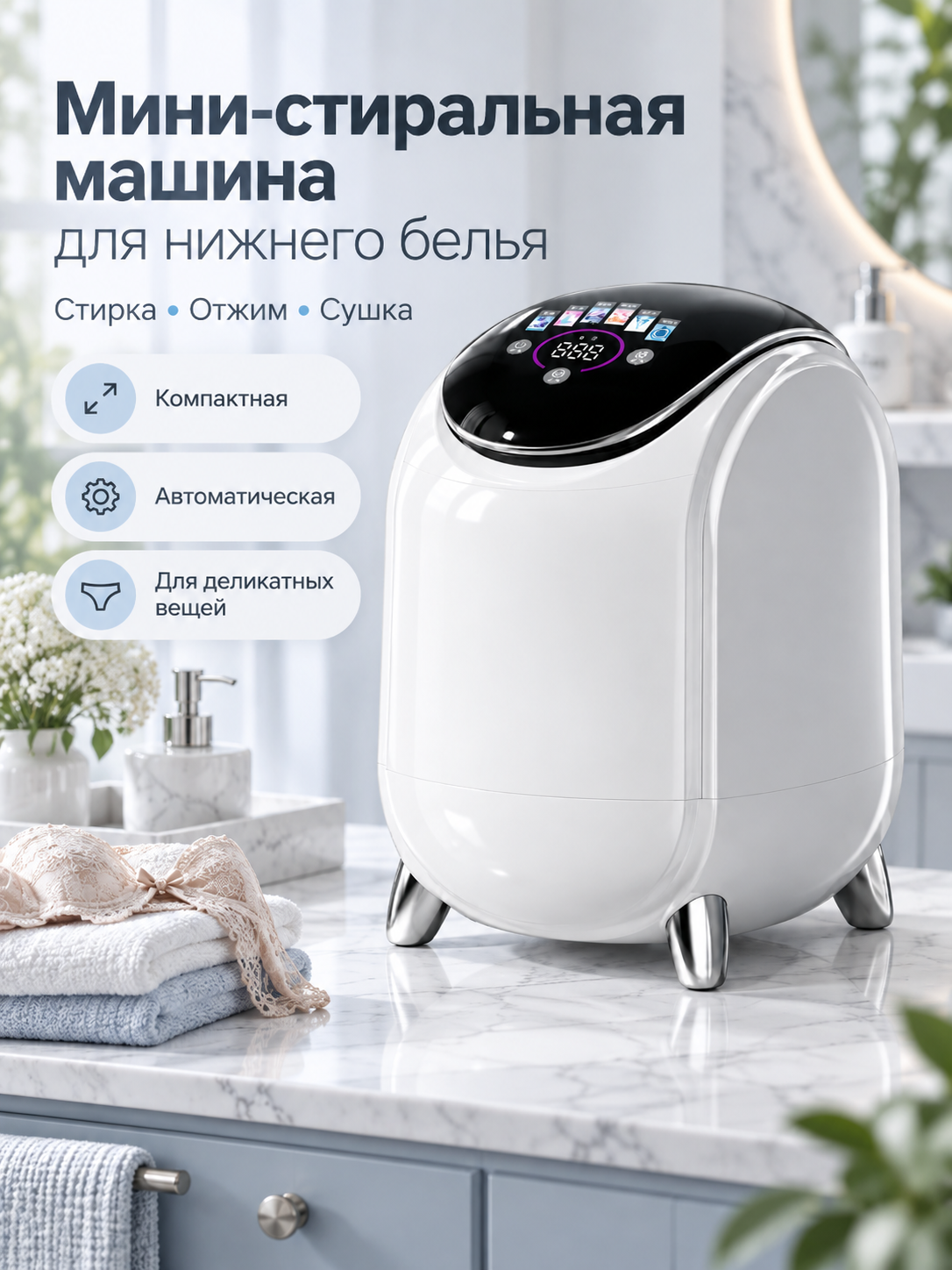 Автоматическая мини-стирально-сушильная машина для белья и носков, отжим и дезинфекция.