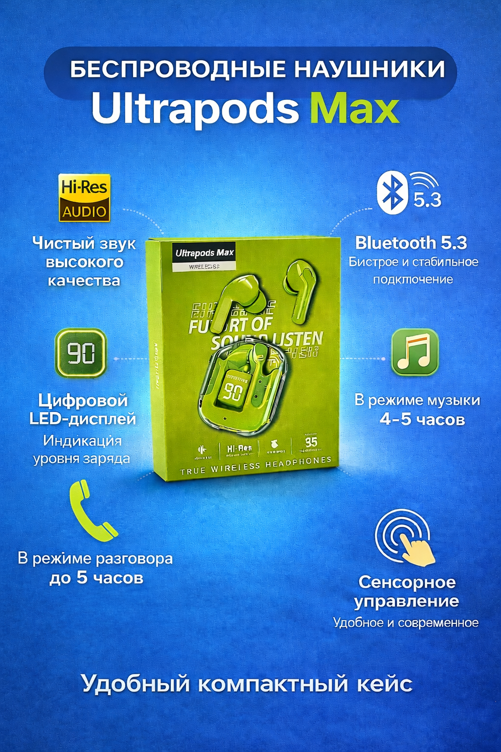 Беспроводные наушники Ultrapods Max с LED-дисплеем, Bluetooth 5.3, сенсорное управление