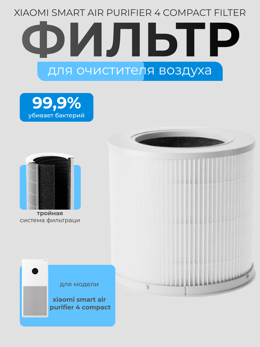Фильтр для очистителя Xiaomi 4 Compact Smart Air Purifier, HEPA, белый, BHR5861GL
