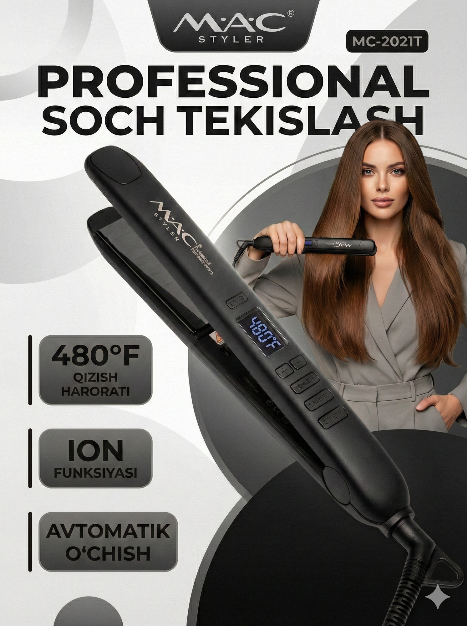 Профессиональный утюжок, выпрямитель для волос MAC Styler MC-2021 Titan , с LCD дисплеем Black
