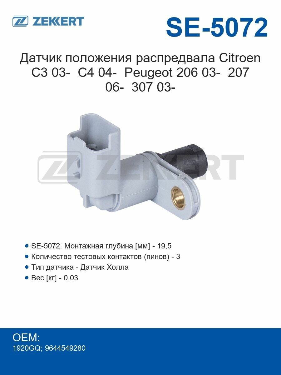 Zekkert Датчик положения распредвала Citroen C3 03-, C4 04-, Peugeot 206 03-, 207 06-, 307 03-