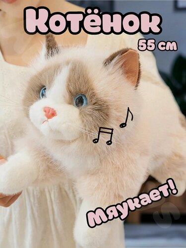 Изображение товара Реалистичная пушистая музыкальная бежевая кошка 55 см / Мяукает / С антистресс шариками