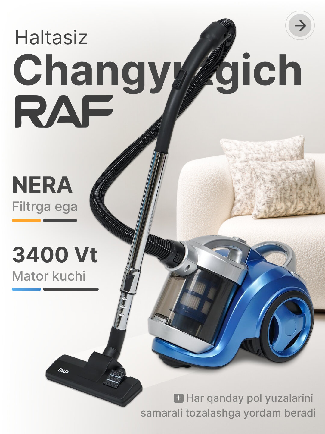 Пылесос для дома RAF, 3400 Вт, с контейнером, HEPA фильтр, pilesos, pilisos