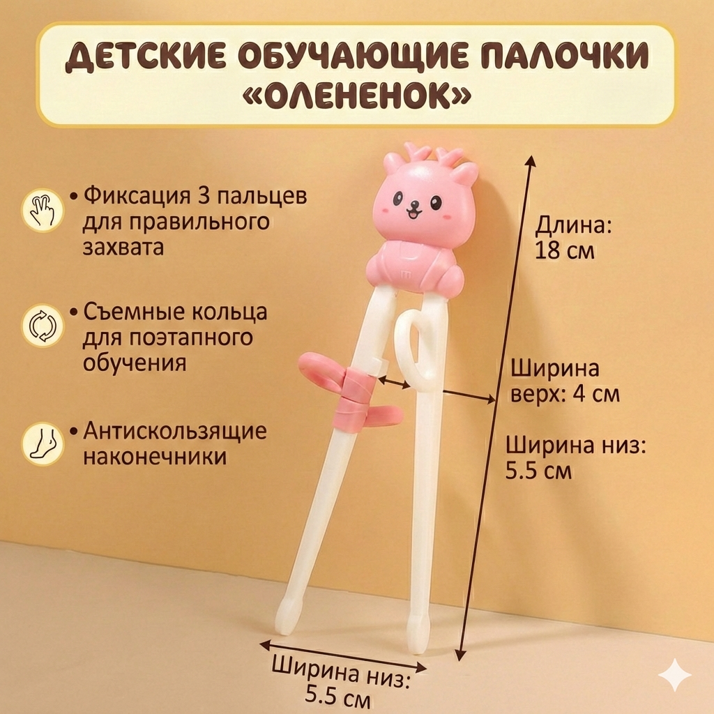 Детские обучающие (тренировочные) палочки для еды с силиконовыми кольцами-фиксаторами «Олененок»