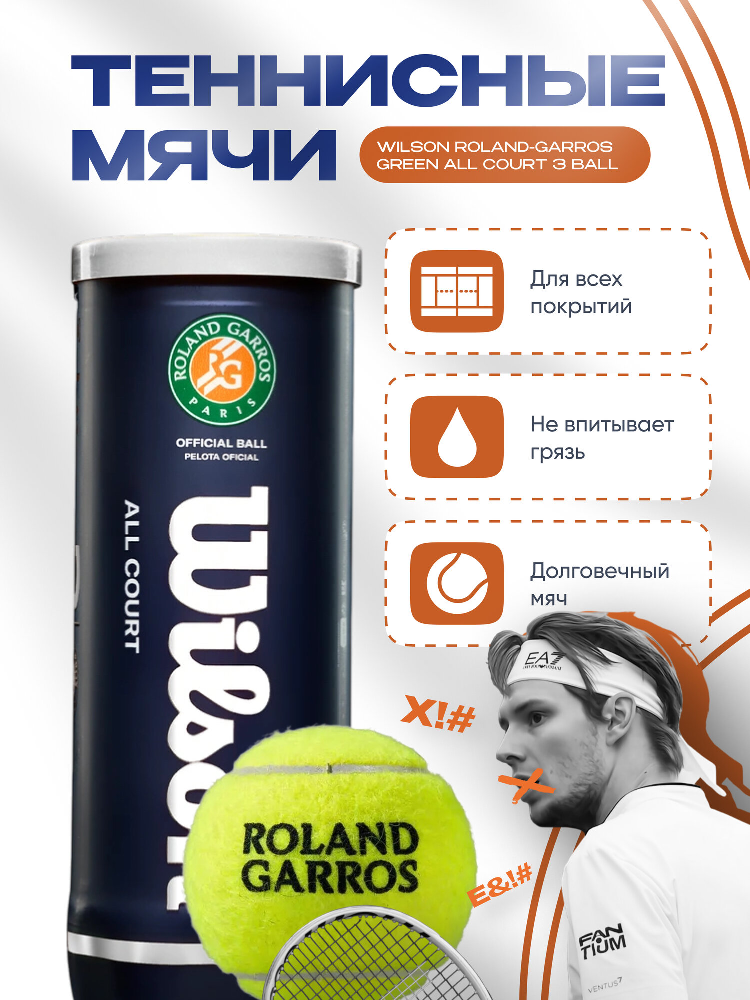 Теннисные мячи Wilson Roland-Garros All Court (1 банка с 3 мячами)