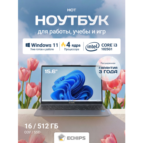 Ноутбук для работы и учебы Echips Hot 156 1920x1080 IPS Intel Core i3-1025G1 8GB RAM SSD 256GB Win 11 Home 34510₽