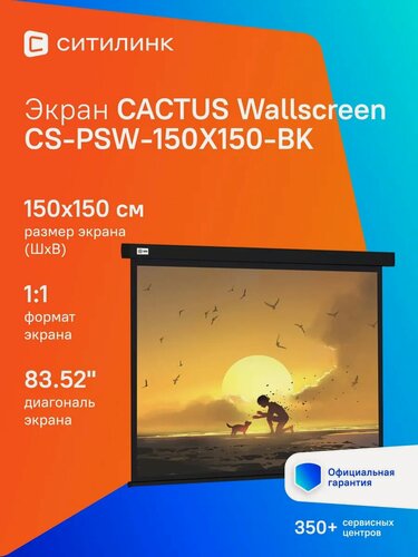 Изображение товара Экран Cactus Wallscreen CS-PSW-150X150-BK, 150х150 см, 1:1, настенно-потолочный черный