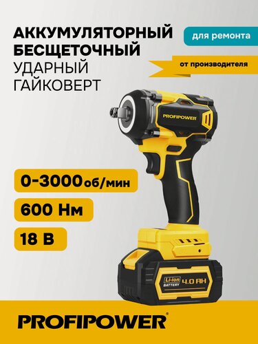 Изображение товара Аккумуляторный бесщеточный ударный гайковерт PROFIPOWER DTD-18B (18В, 600Нм, Li-ion 2шт, 4.0Ач, З/У, в кейсе)