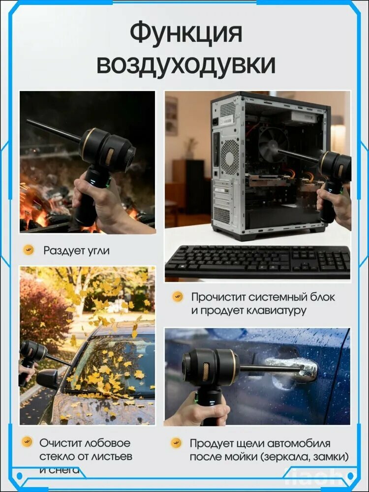 Воздуходувка, компактное устройство с функцией выдува воздуха для уборки в автомобиле и на отдыхе — фото 1