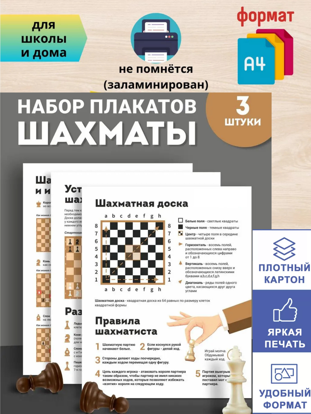 Набор обучающих плакатов «Шахматы» состоит из 3 плакатов. формат А4, ламинированное, для школьников