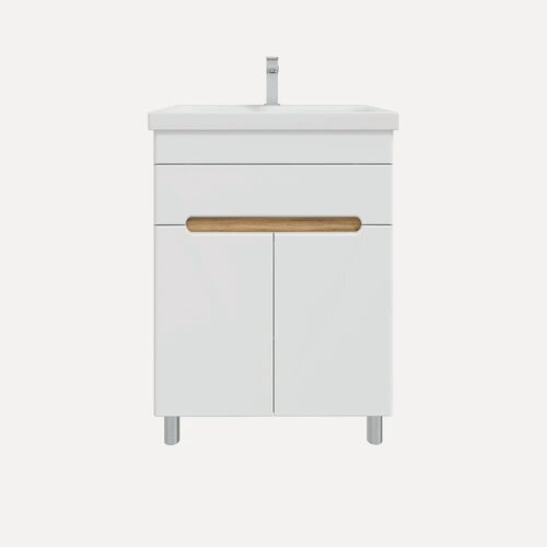 Изображение товара Тумба с раковиной SanStar Модена 50 напольная, 51 см, белая, светлое дерево, глянцевая, из МДФ, с ящиками, с дверками, раковина для ванной, фарфоровая, прямоугольная, встроенный слив-перелив