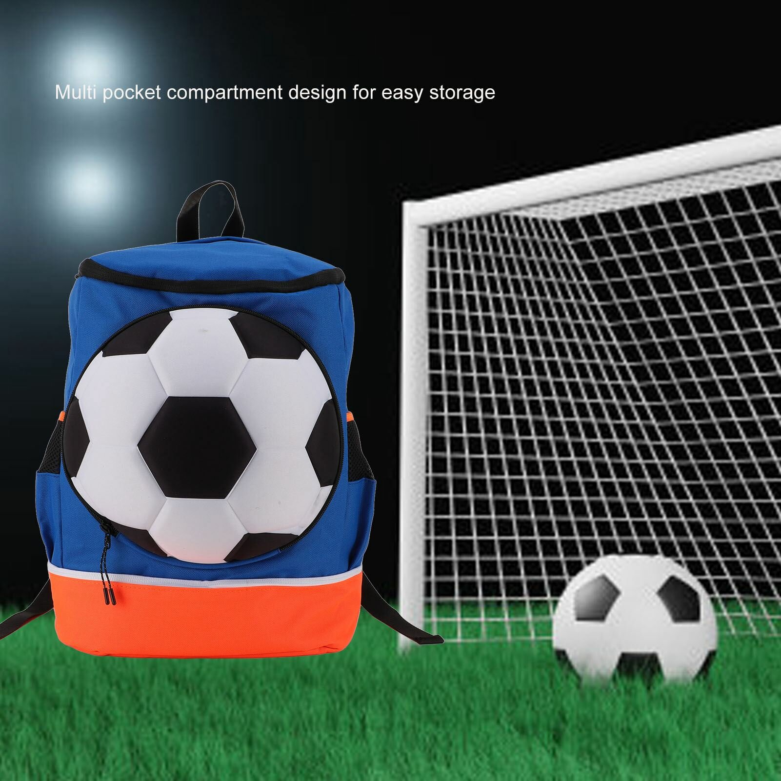 Футбольный рюкзак, сумка для тренировочного инвентаря, футбольная сумка с отделением для мячей, отделением для обуви для занятий, синий с оранжевым, детский размер (подходит для мяча размера 4)