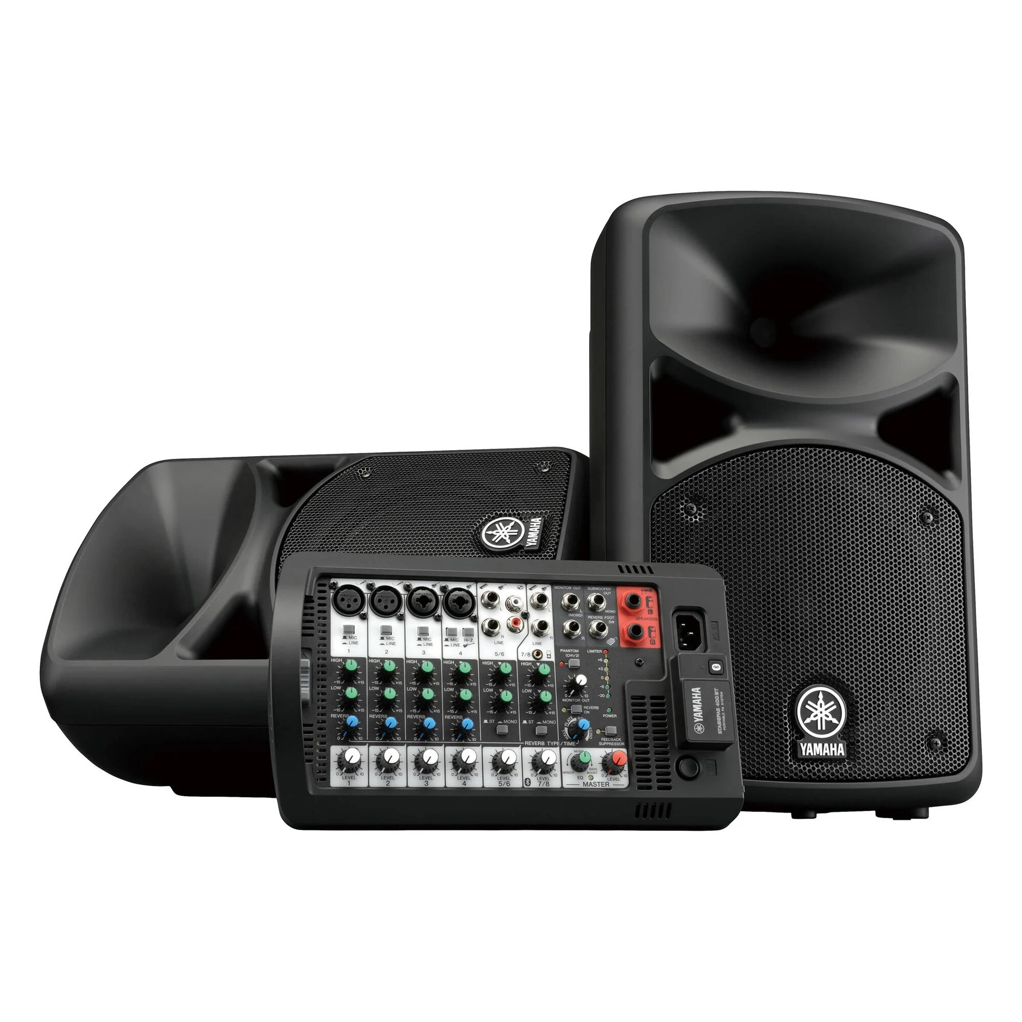 Система звукоусиления Yamaha [STAGEPAS 400BT] [ZX58300] портативная (комплект), 400 Вт, 2 х 8"+1", 8-канальный микшер (4 моно/линейных входа + 4 моно/2 стерео линейных входа), Входы Hi-Z (с высоким сопротивлением), Bluetooth.
