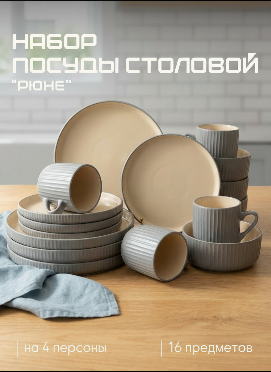 Столовый набор JEWEL Рюне, керамика, для 4 персон, цвет серый