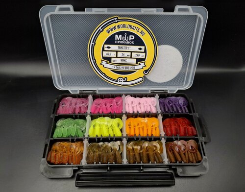 Изображение товара Набор мягких силиконовых приманок GenJig micro grub 1" твистер 12 цветов 240 шт. Мир Приманок