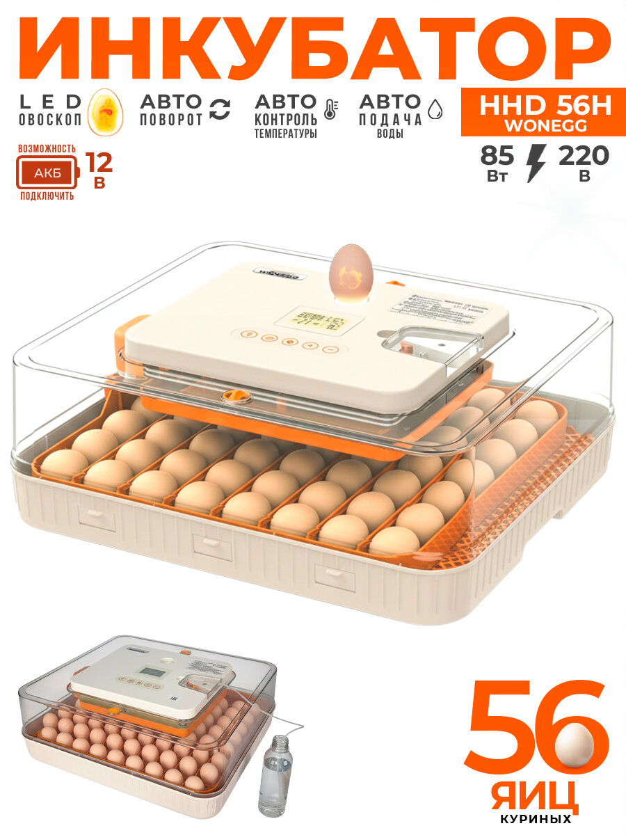 Инкубатор HHD 56H автоматический для яиц, с контролем влажности и овоскопом, на 220В/12В от сети и аккумулятора