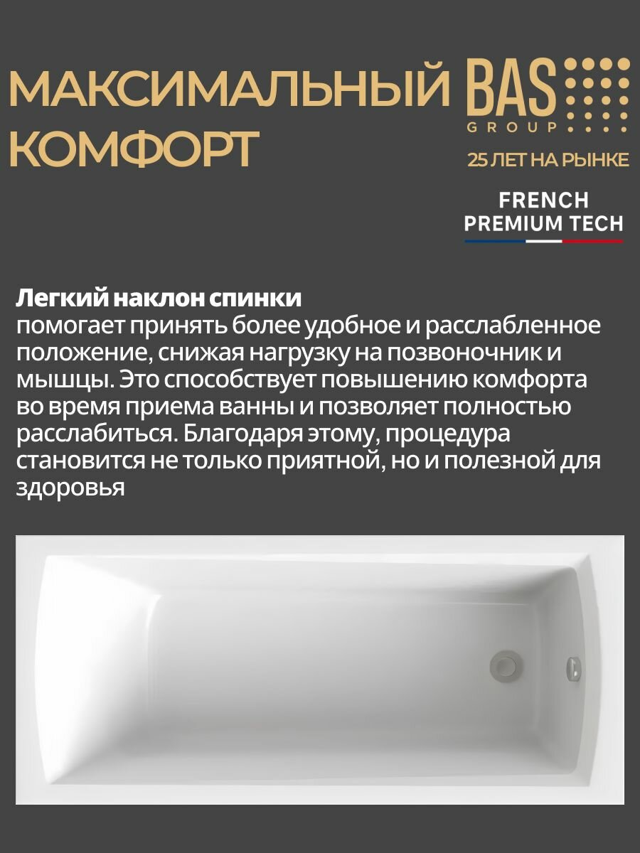 Ванна акриловая 150х70 BAS Аликанте, прямоугольная, пристенная, белая, каркас в комплекте — фото 1