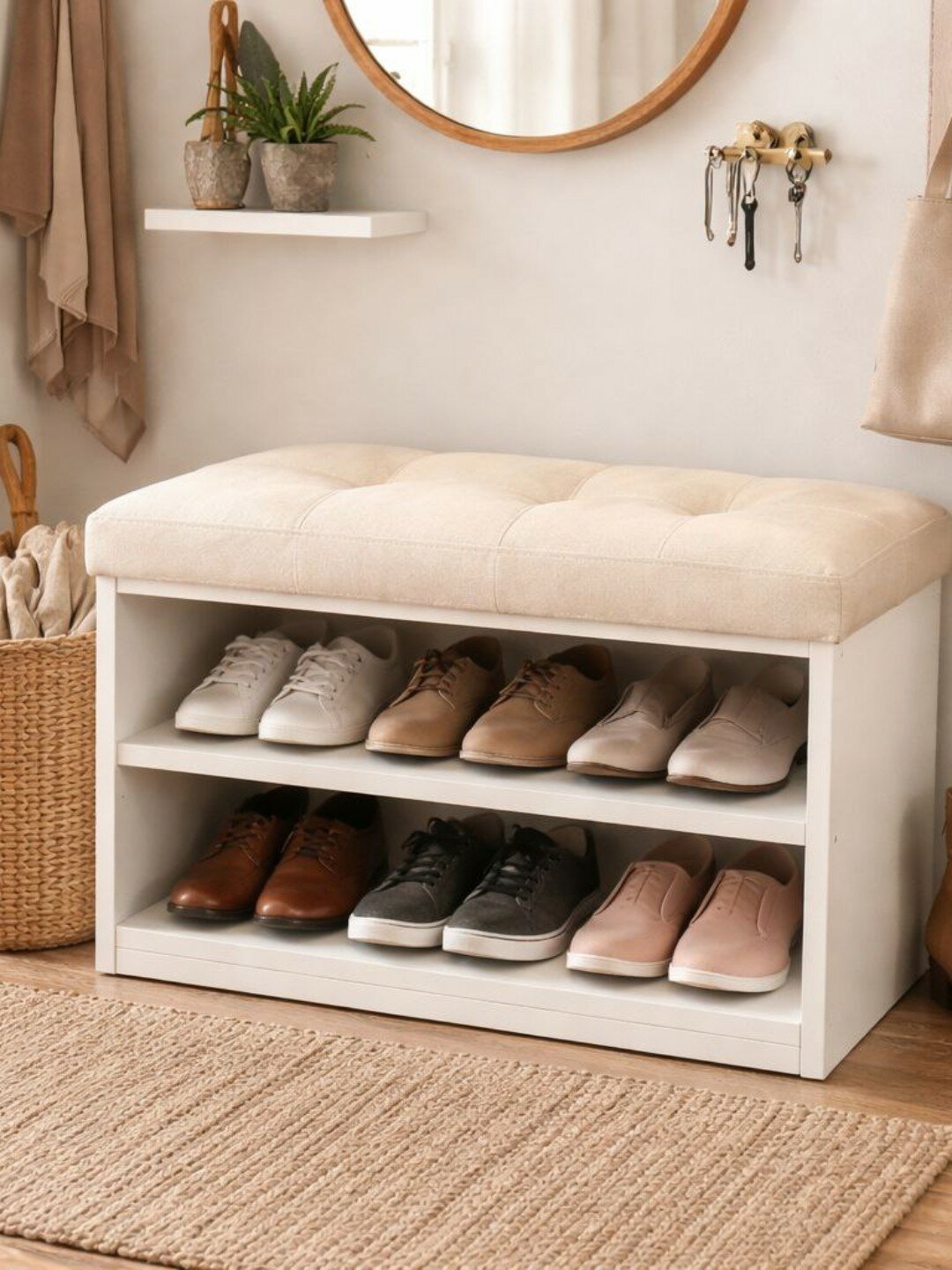 Обувница с мягким сиденьем и двумя полками для хранения обуви, белая банкетка в прихожую от My Sofa