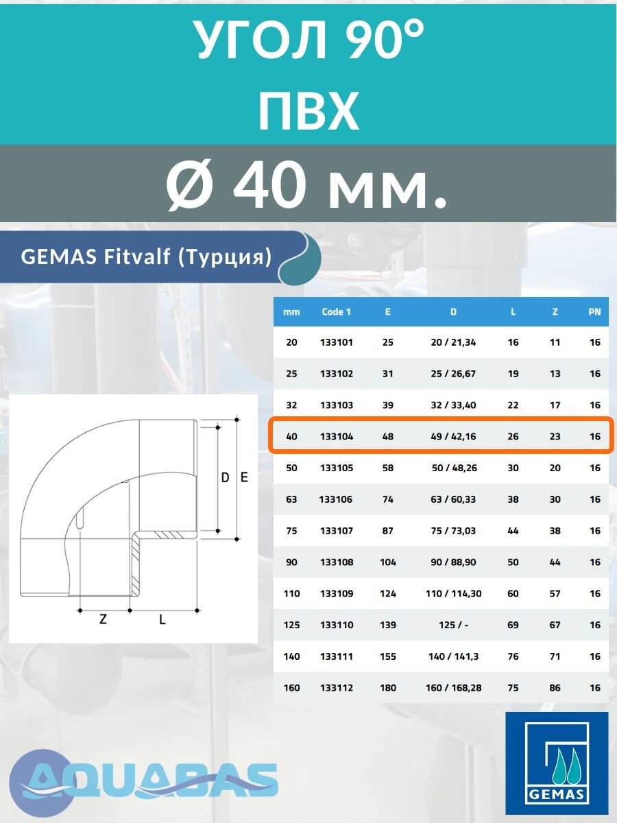 Угол ПВХ 90 градусов D40 мм клеевой Gemas, 1 шт. — фото 1