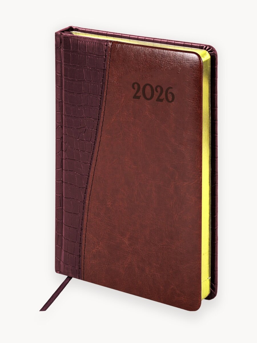 Ежедневник датированный 2026, планер планинг, записная книжка А5 138x213 мм, обложка под кожу, бордовый коричневый, Brauberg, 117044