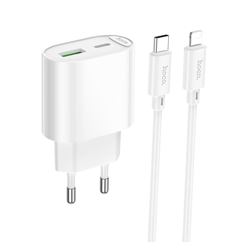 Сетевое зарядное устройство HOCO C109A Fighter, с портами Type-C PD20W + USB-A QC3.0, с кабелем USB-C/Lightning, белое