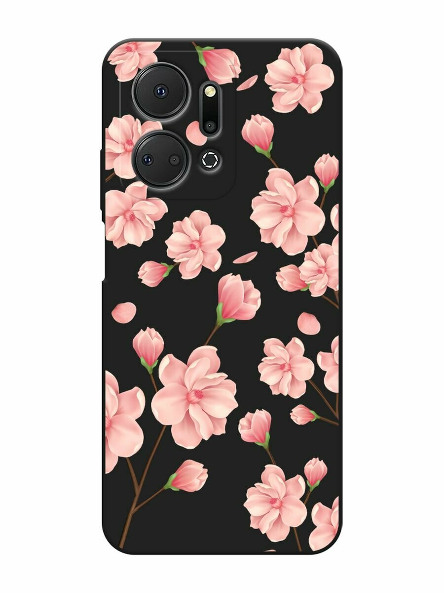 Черный матовый чехол на Honor X7A/X7A Plus / Хонор Х7А/Х7А Плюс с принтом "Весенние бутоны"