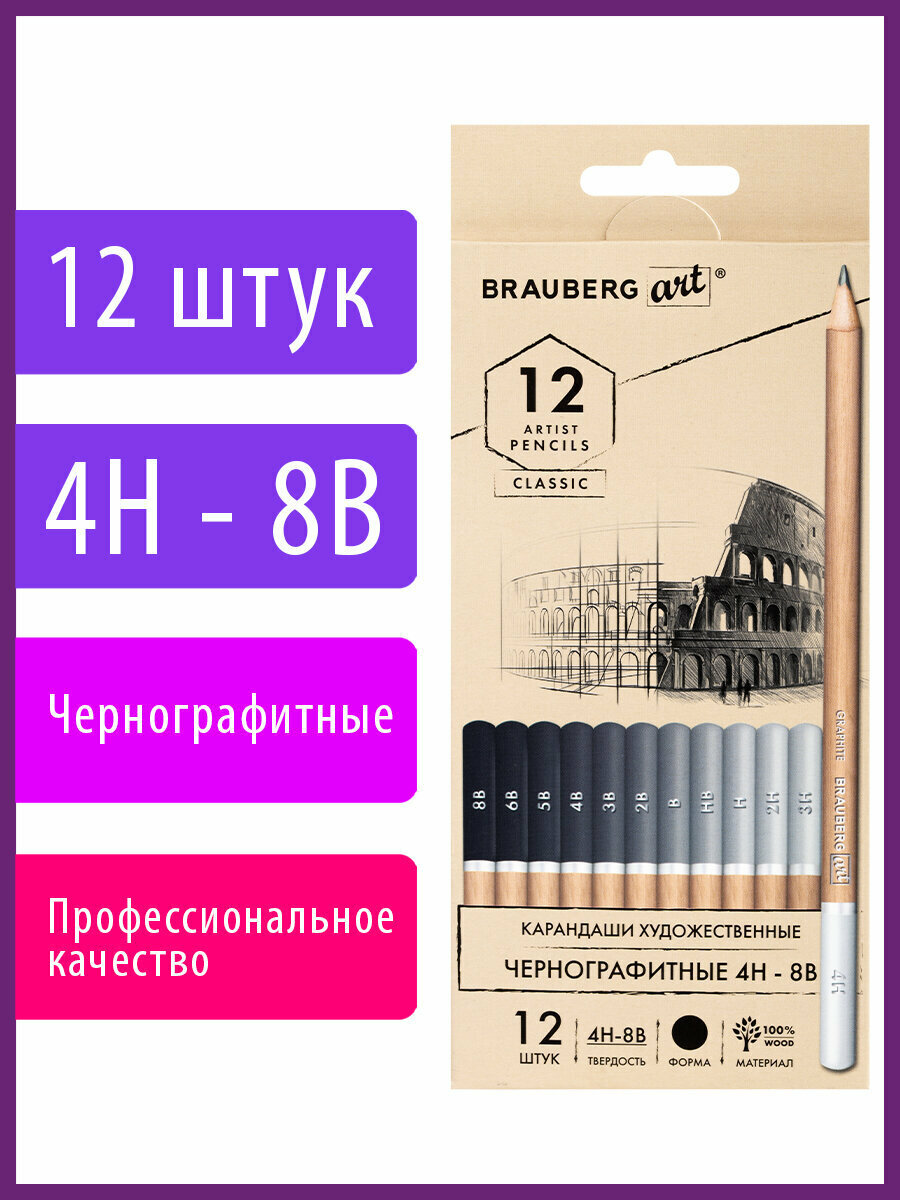 Карандаши чернографитные художественные BRAUBERG ART CLASSIC в наборе из 12шт 4H-8B 181542