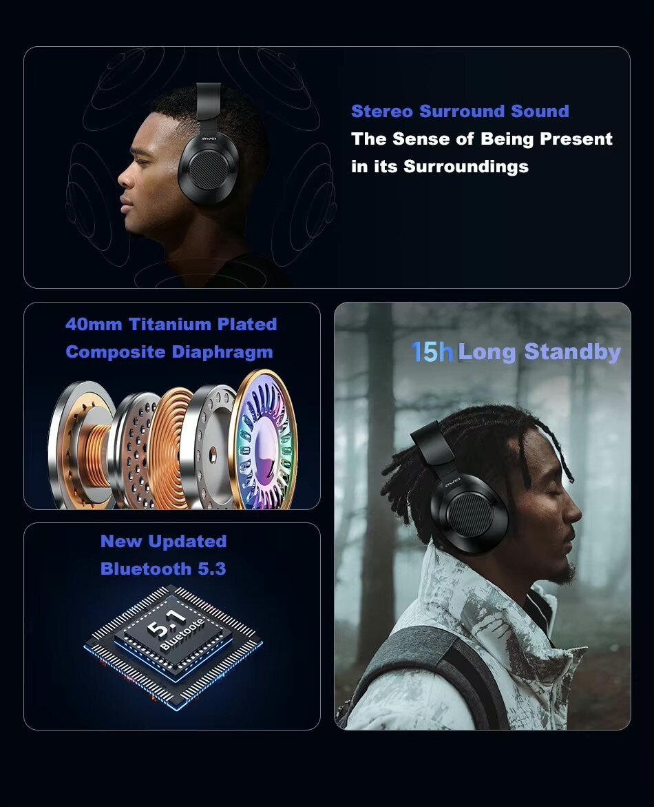 Беспроводные наушники Awei A997BL, Bluetooth 5.3, мощный бас, AUX, микрофон, Type-C — фото 1