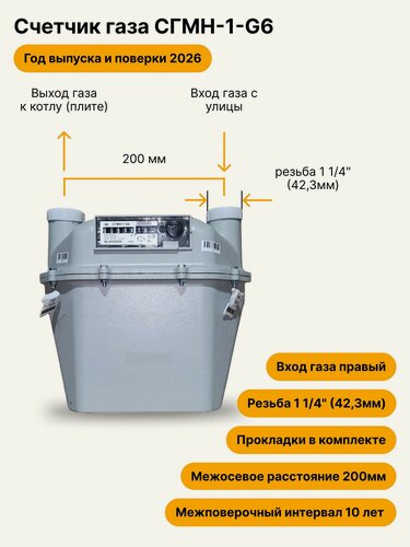 Изображение товара СГМН-1-G6 НЕ уличный правый, 200мм, резьба 1 1/4" прокладки в комплекте, 2026 года выпуска и поверки