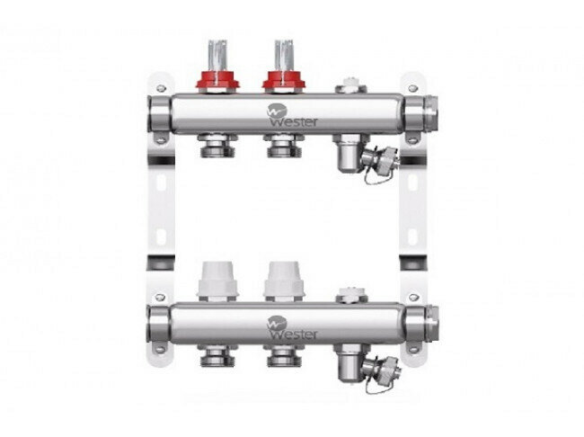 Коллекторная группа 1" из нерж. стали на 2 выхода 3/4"ЕК с расходомерами, коллектор W902 в сборе, Wester 0-32-1810