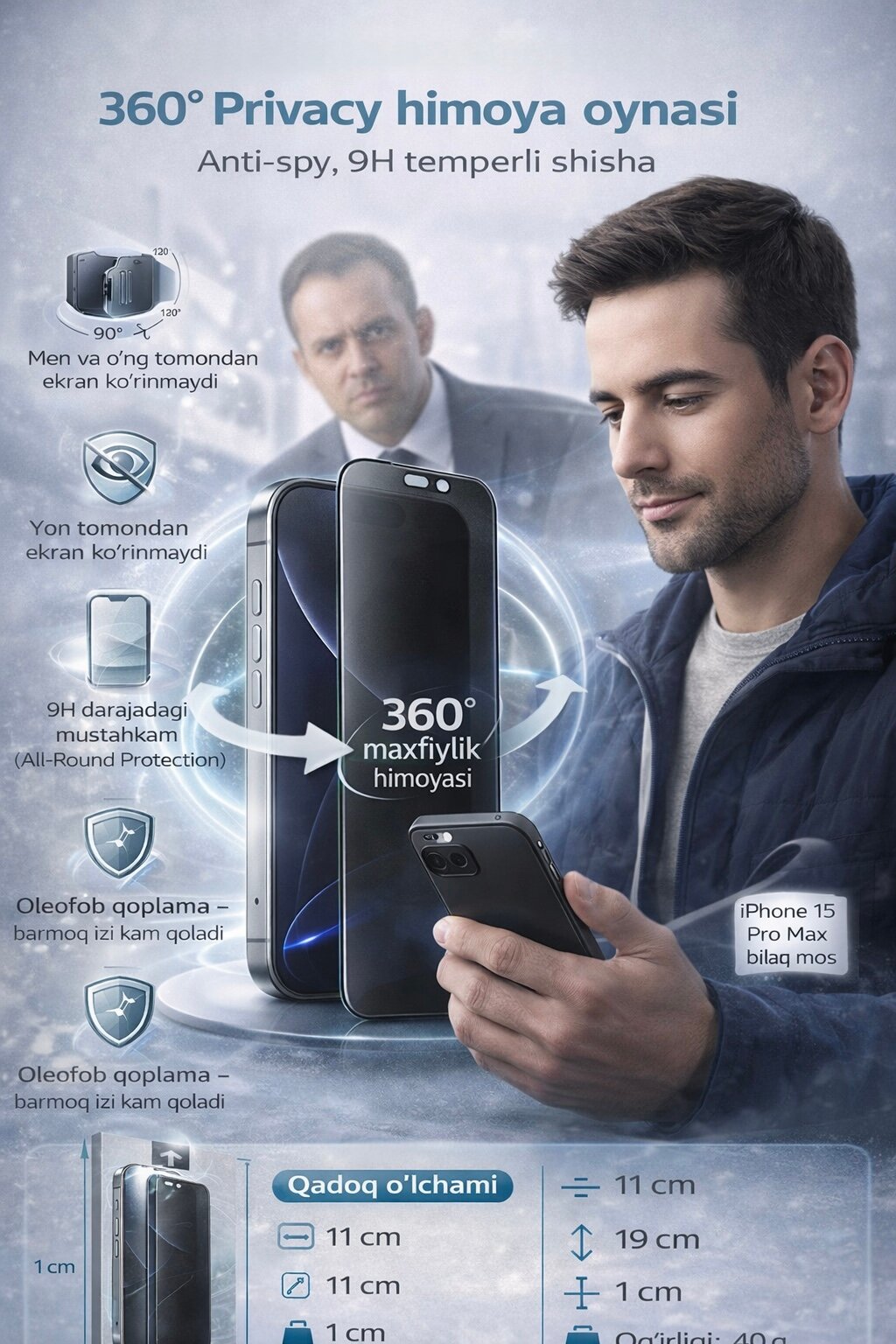 Защитное стекло с круговым обзором (360°) для iPhone 16 Pro защита от посторонних взглядов, закаленное стекло 9H.