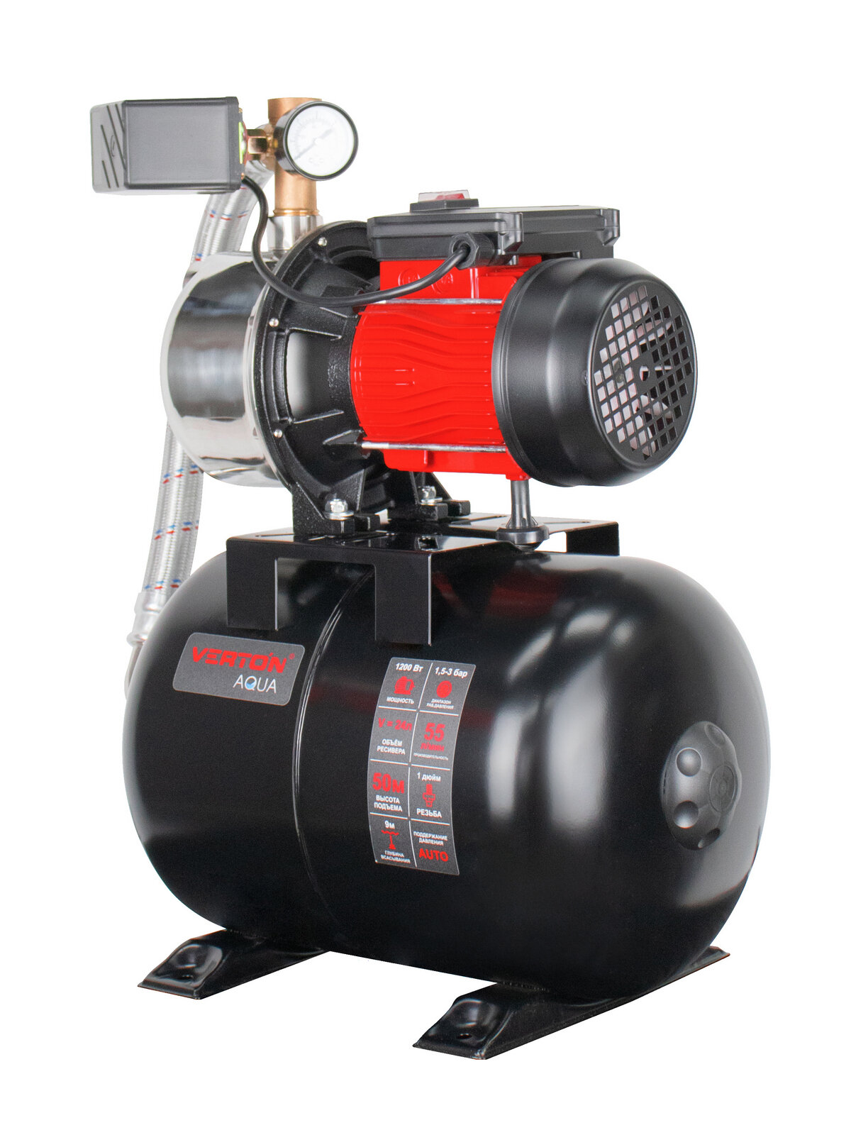 Насосная станция Verton AQUA PS1200SB/24(Нержав. сталь. корпус,1200Вт,230В/50Гц, Qmax 55л/мин, V24л, max забор 9м, Hmax50м.) — фото 1