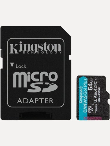 Изображение товара Карта памяти microSDXC UHS-I U3 Kingston Canvas Go! Plus 64 ГБ, 200 МБ/с, Class 10, SDCG4/64GB, 1 шт, переходник SD