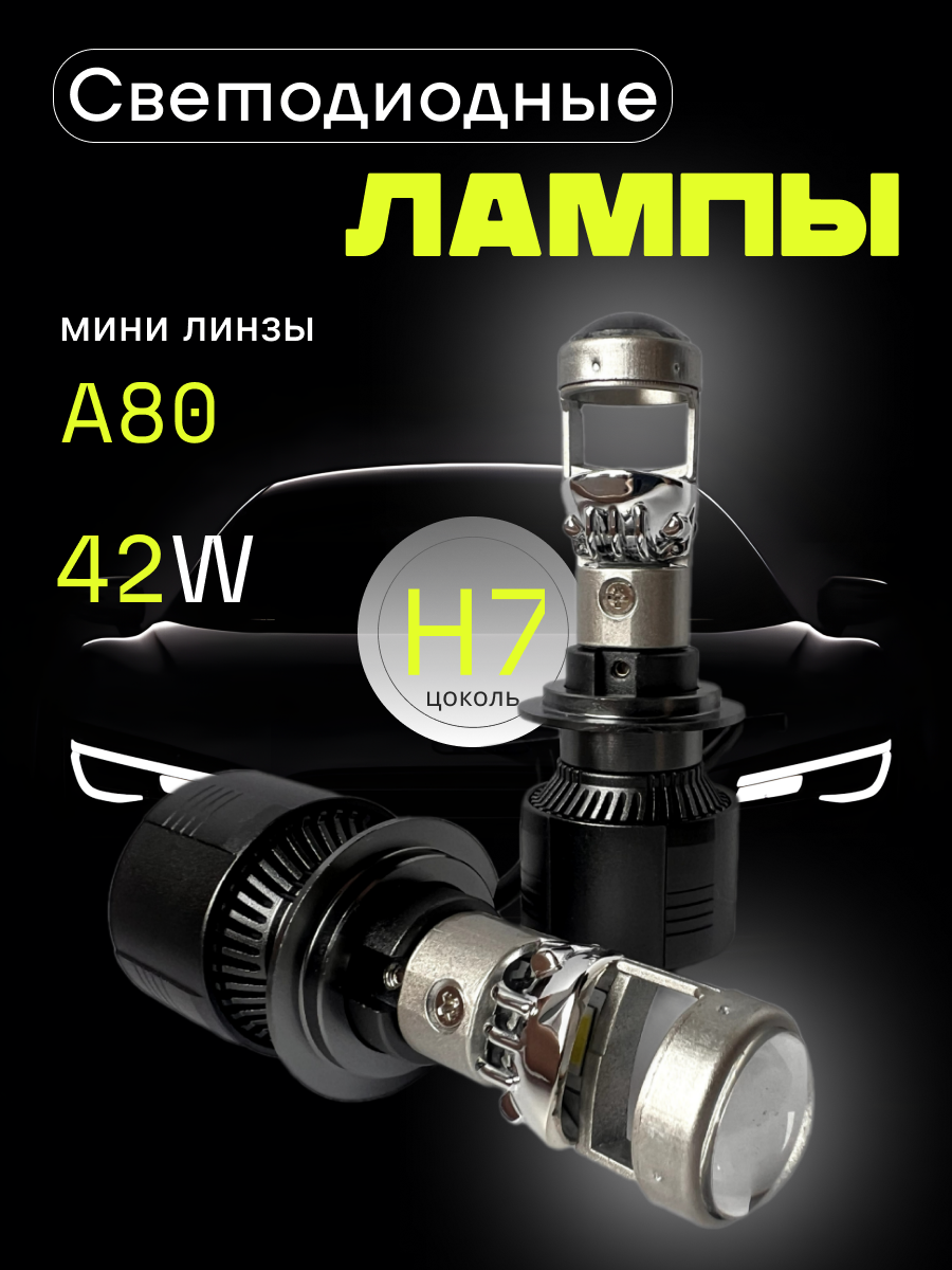 Автомобильные светодиодные лампы H7 c мини LED линзами А80 ближний / дальний свет / противотуманки