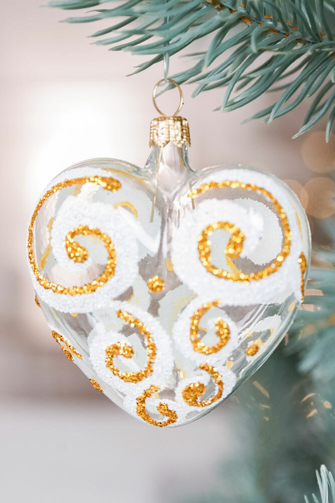 Ёлочное украшение сердечко кокетка, белое с золотом, 65 мм, Елочка С1032-зол