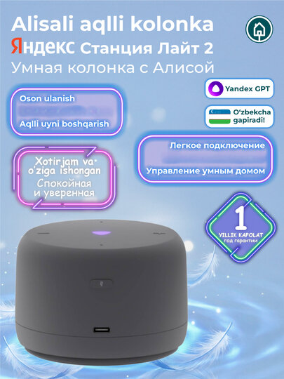 Умная колонка Яндекс Станция Лайт 2 с микрофоном, колонка Алиса без часов, тёмно-серый