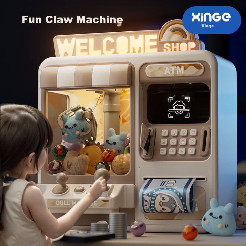 Игровой автомат Xinge для детей с реалистичным монетным дисплеем и захватом игрушек Цвет：Огромный белый сейф и монетный