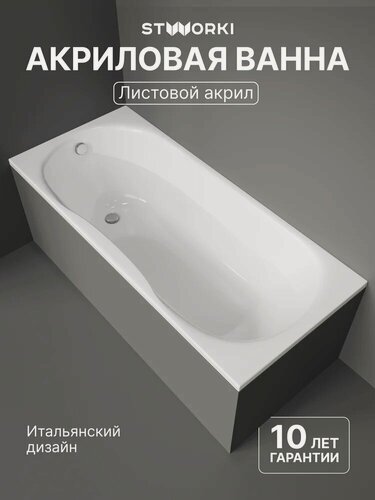 Изображение товара Акриловая ванна STWORKI Хальмстад 170x75, с каркасом, пристенная, белая, глянцевая, прямоугольная