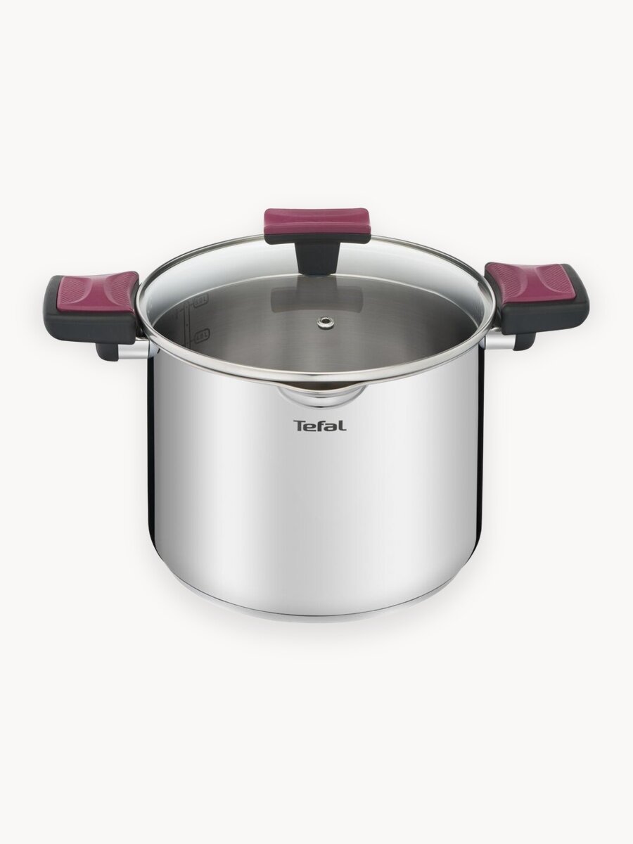 Кастрюля с крышкой 22 см Tefal Cook&Clip G7237974, объем 6.1 литра, с толстым дном, нержавеющая сталь, для газовых, электрических и индукционных плит