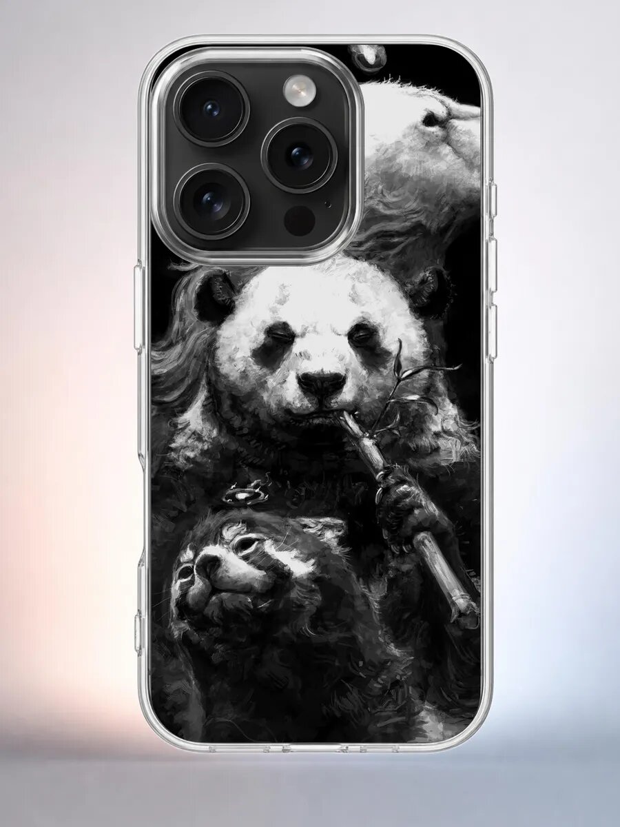 Чехол iPhone 15 Pro панда и медвежонок силиконовый